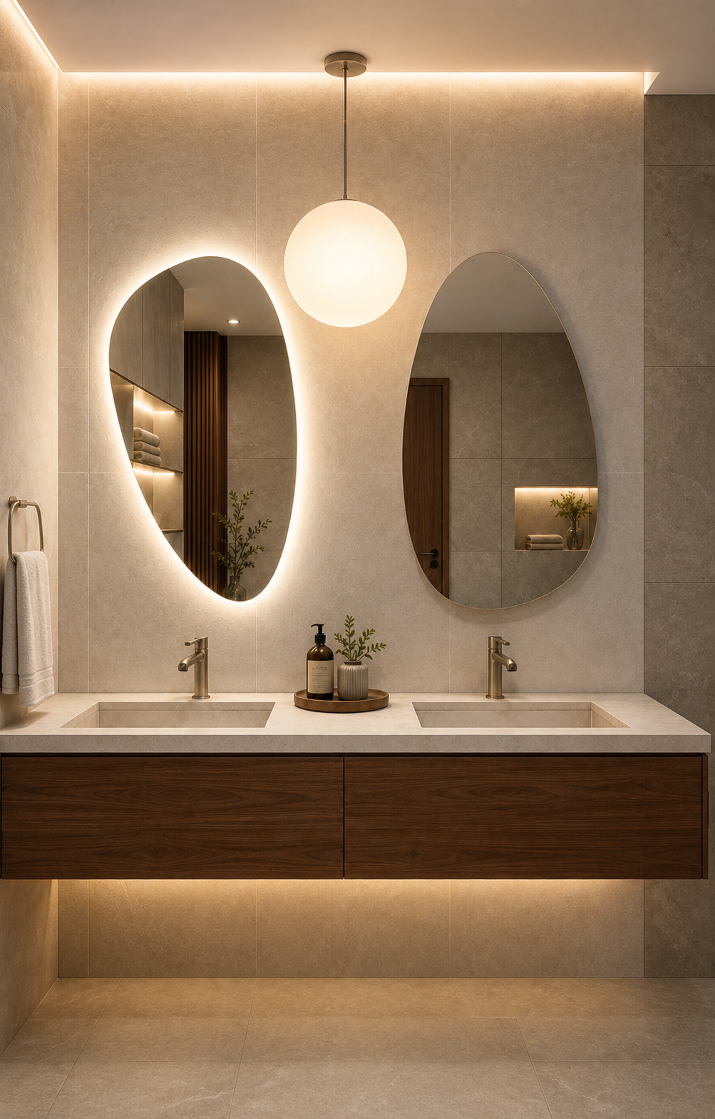 Dos espejos orgánicos instalados sobre un lavabo doble en un baño contemporáneo
