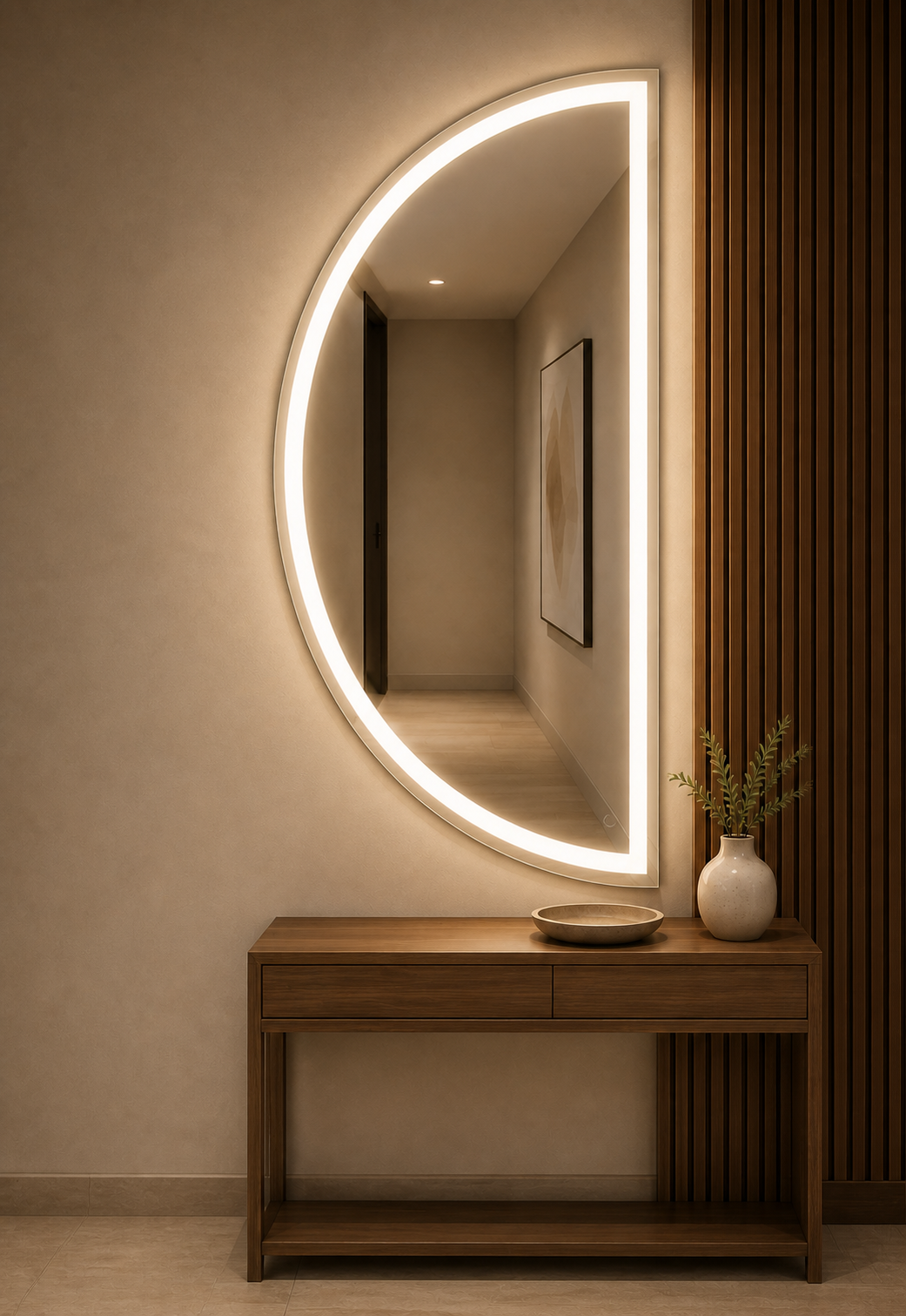 Espejo semicircular con iluminación LED instalado sobre una consola de madera